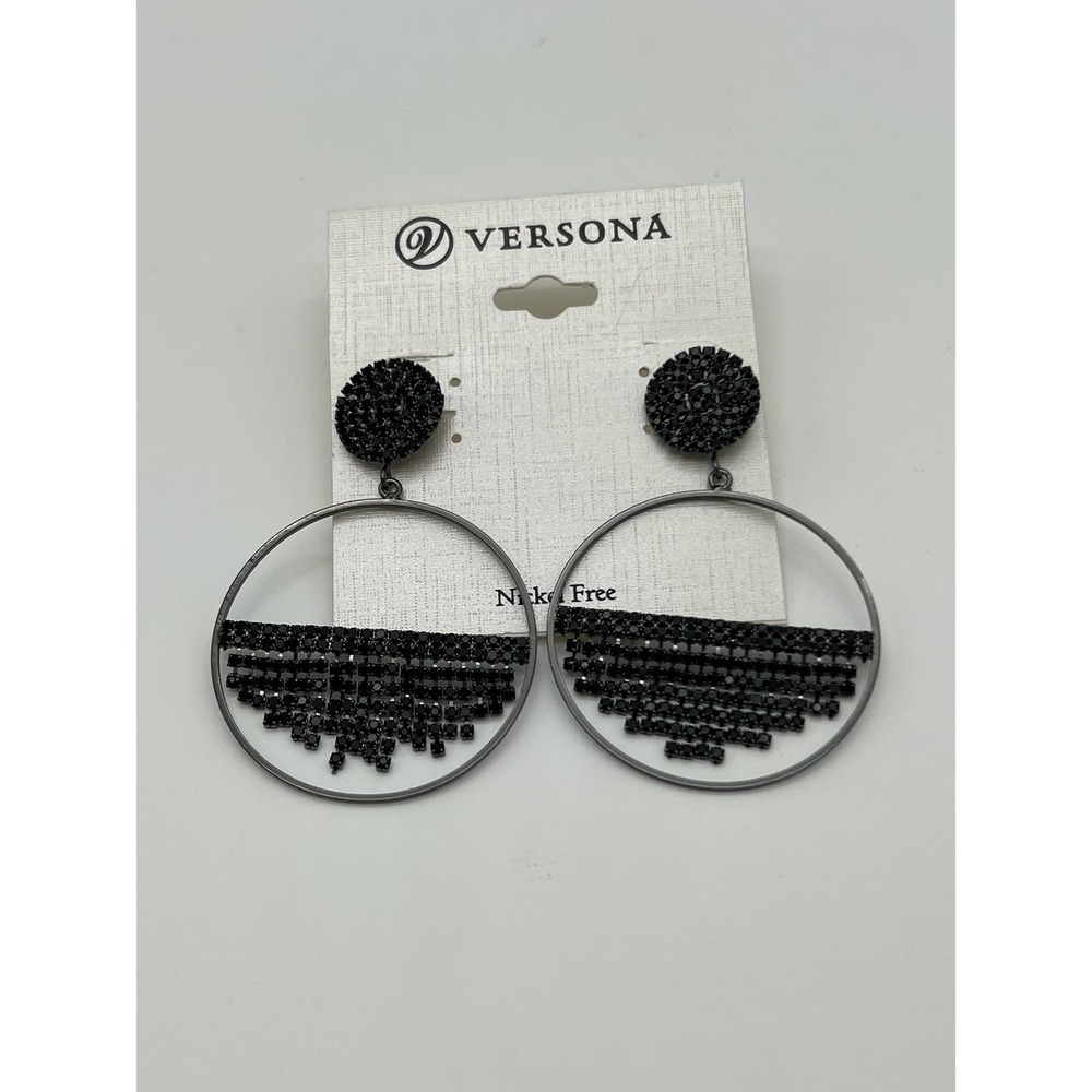 New Black Hollow Out Round &‎ Rhinestone Hoop Earrings